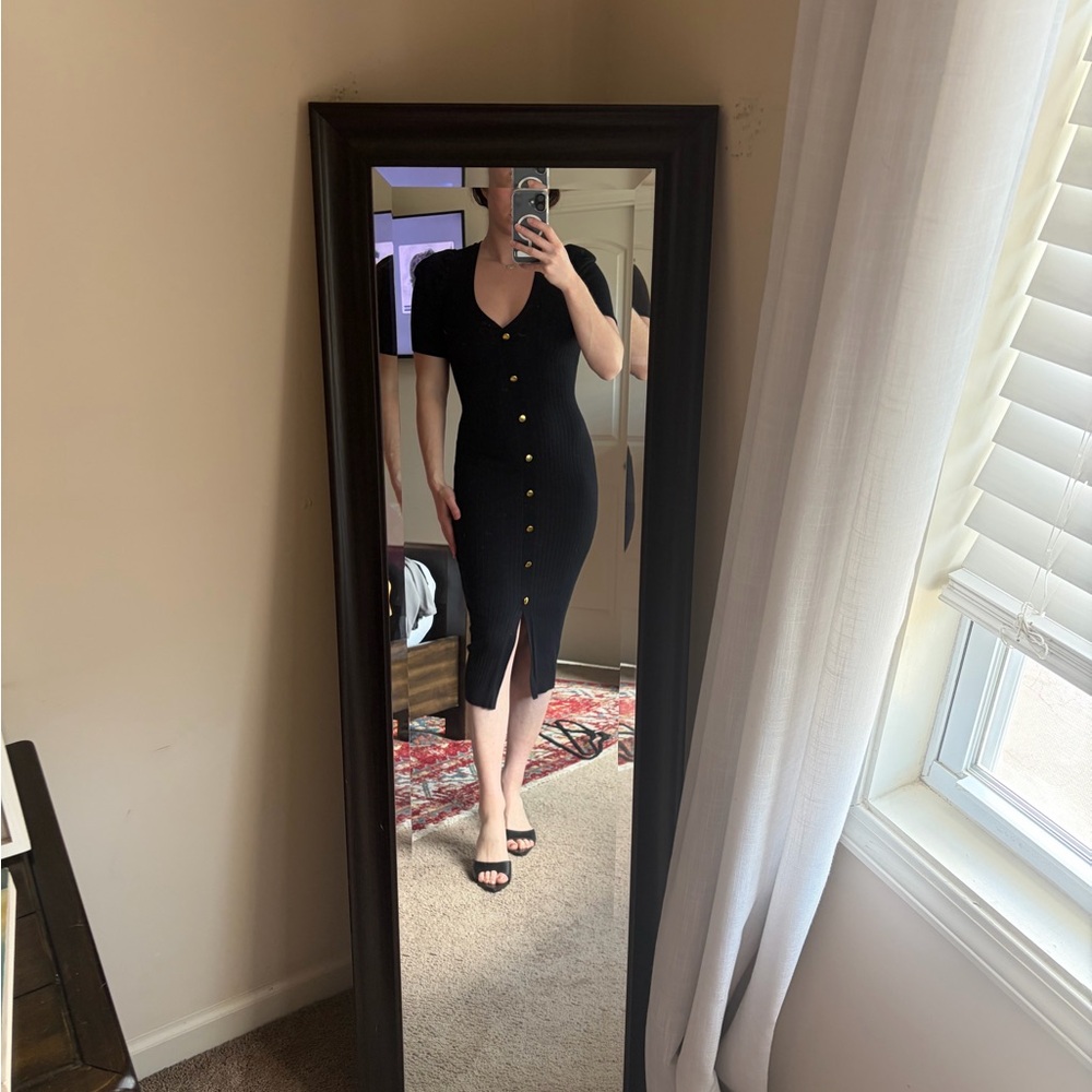 Express Black Ribbed Button-Front Midi Dress